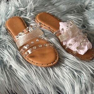 Silver Tan Slip-On Sandals with Studded Straps